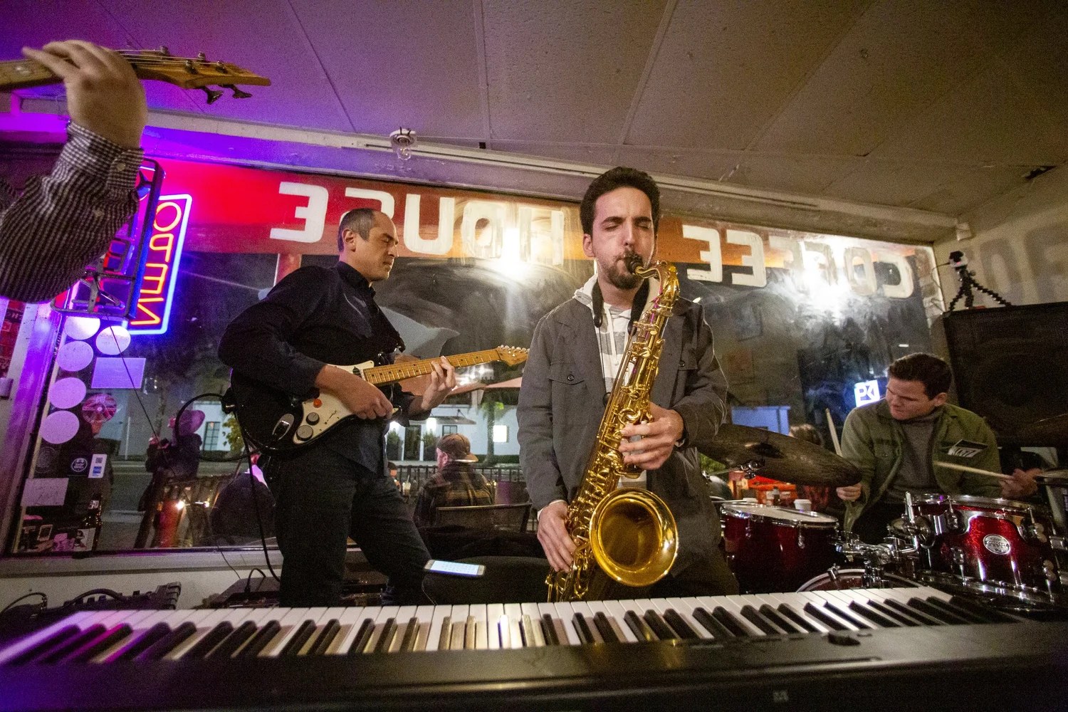 A jazz band playing a Thursday night set inside Austin's Coffee in Winter Park