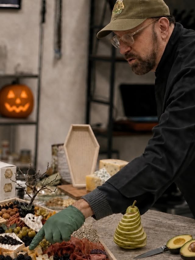 A halloween themed charcuterie board being assembled at a workshop table at 4Roots Farm Campus