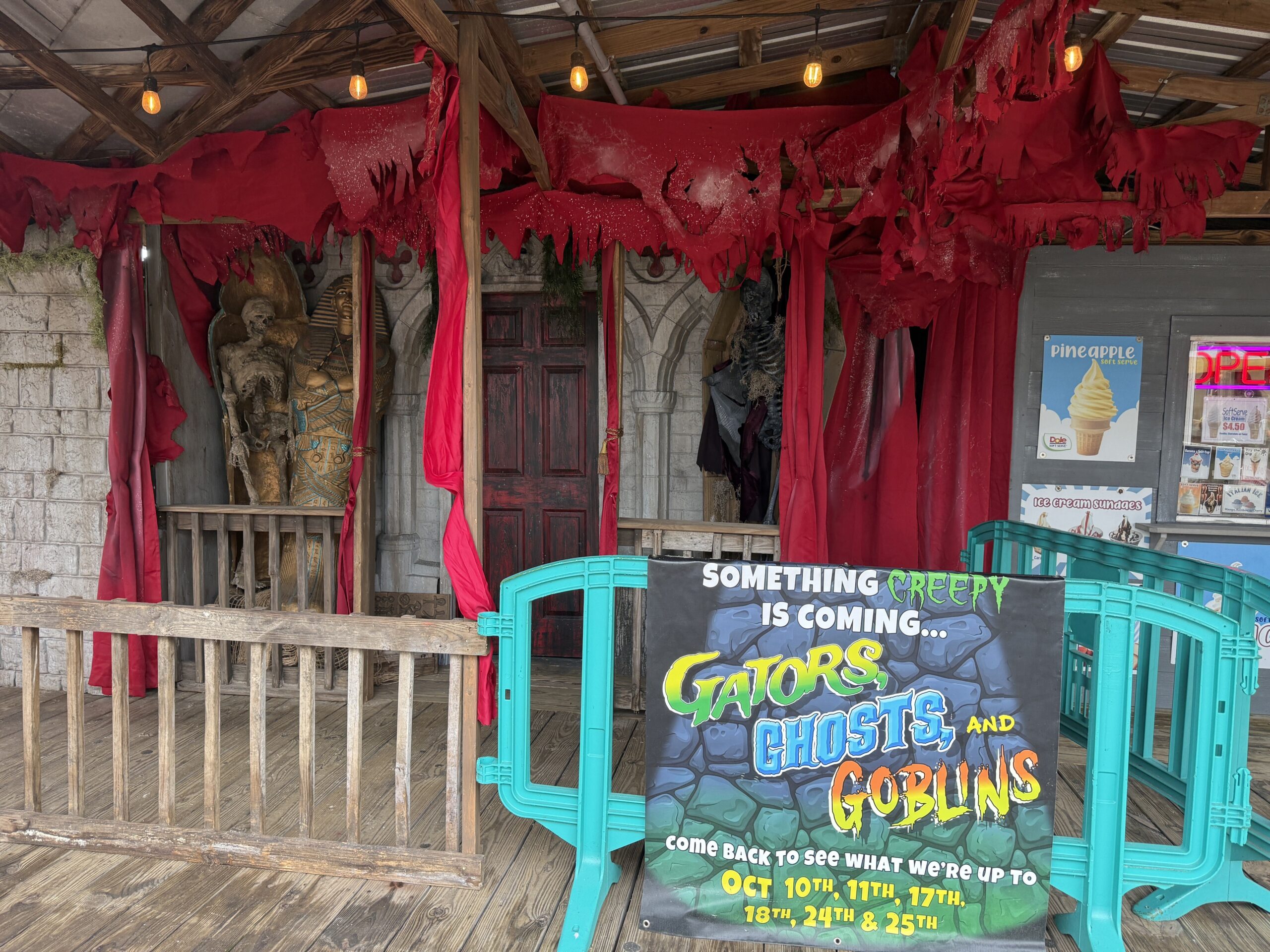 Kids in costumes meeting characters at Gatorland during Gators, Ghosts and Goblins