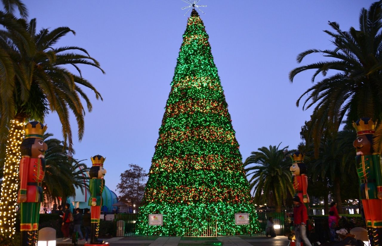 People strolling around Lake Eola at night past palm trees wrapped in warm holiday lights and a glowing fountain