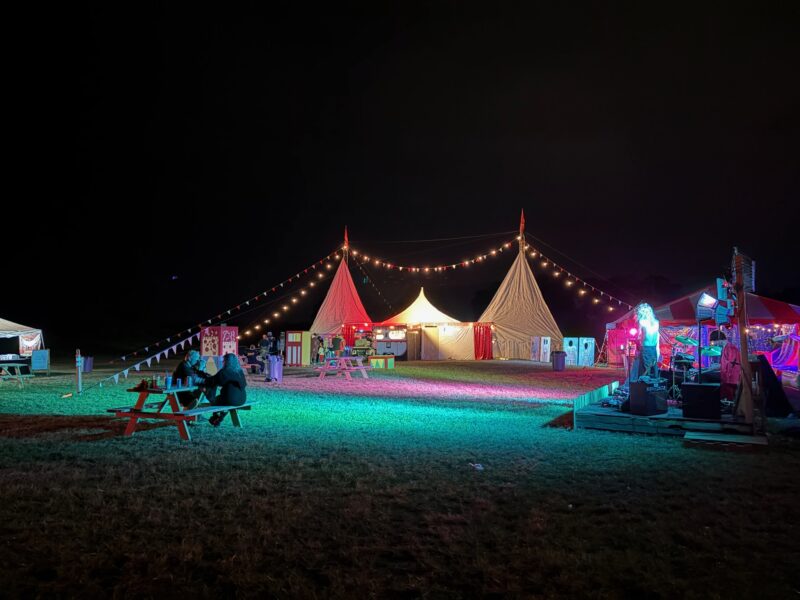 The big top facade of the Psycho Circus haunted house at La Loma Ranch at night